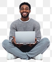 PNG Young IT African man sitting laptop happy.