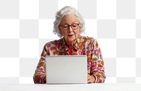 PNG Senior woman working white laptop background computer glasses.