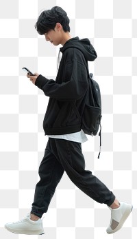 PNG A young adult in casual attire walking backpack phone.