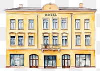 PNG Vintage yellow HOTEL building hotel architecture illustration.