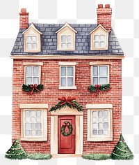 PNG Christmas brick town house christmas illustration watercolor.