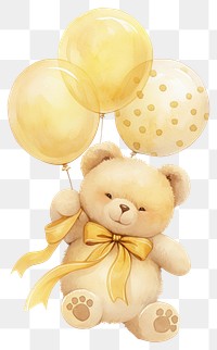 PNG Yellow coquette cute teddy bear holding balloons illustration watercolor ribbon.