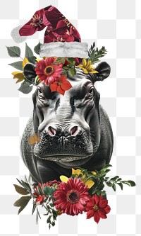 PNG Flower Collage hippo wearing Santa hat illustration elements pattern.