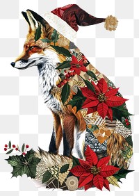 PNG Poinsettia Flower Collage fox wearing Santa hat illustration poinsettia christmas.