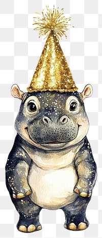 PNG Happy Baby hippo wearing a Gold Party Hat hat illustration watercolor.