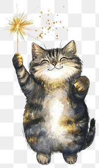 PNG Happy cat with a Gold Sparkler in Hand illustration sparkler festive.