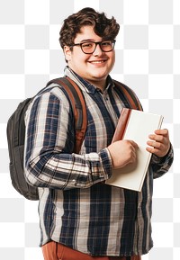 PNG Student backpack portrait glasses.