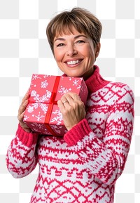 PNG Woman hug gift box sweater cheerful winter.