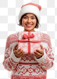 PNG Woman hug gift box sweater happy hat.