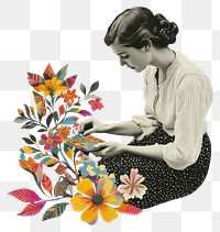 PNG Paper collage of woman playing game colorful vintage flowers.