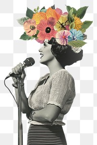 PNG Paper collage of woman holding a mic flowers microphone vintage.