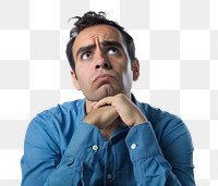 PNG Worried man with blue shirt portrait adult photo.