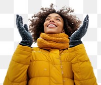 PNG A joyful woman in winter gloves outdoors looking.