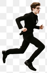 PNG Man in a black suit running glasses professional.