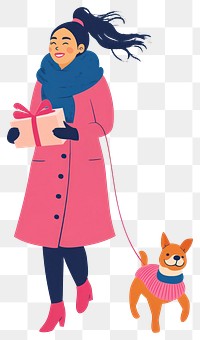 PNG Asian woman joyfully and holding with christmas gift and walking a dog coat illustration clothing.