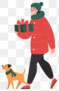 PNG Man joyfully and holding with christmas gift and walking a dog illustration clothing scarf.