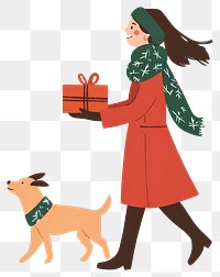 PNG Woman joyfully and holding with christmas gift and walking a dog coat illustration clothing.