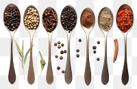 PNG Top view of four old spoons with spices and herbs food white background arrangement.