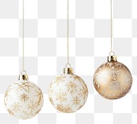 PNG A four cute christmas pattern glitter golden baubles hanging down white accessories decorations.