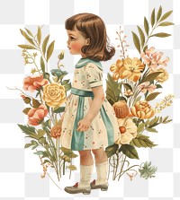 PNG Vintage illustration of little girl flowers child dress.