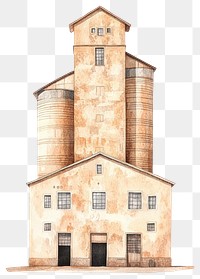 PNG Classic grain silo building architecture illustration watercolor.