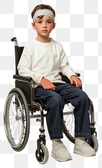 PNG A boy has a bandage around his head sit riding wheelchair background white furniture.