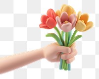 PNG Cute chubby cartoon hand holding a bouquet of five flowers blossoms tulip arrangement.