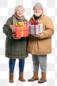 PNG Senior couple excited for christmas clothing gifts celebration.