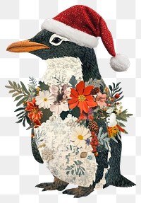 PNG Flower Collage Penguin wearing Santa hat illustration christmas pattern.