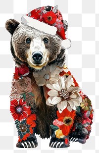 PNG Flower Collage Polar bear wearing Santa hat illustration christmas wildlife.