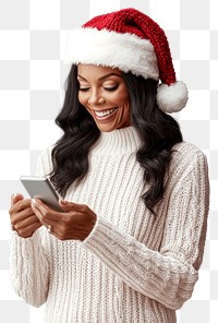 PNG White sweater with a Santa hat happy woman phone.