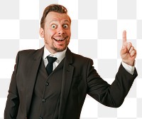 PNG Smiley business man point finger to above photography background portrait.