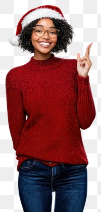 PNG Woman wearing a Santa hat and a red sweater happy background portrait.