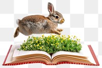 PNG Rabbit jumping flowers book illustration.