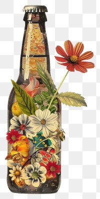 PNG Paper collage of beer bottle flower colorful vintage.