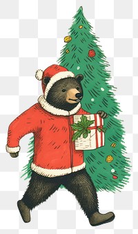 PNG Bear running with christmas tree illustration wildlife festival.