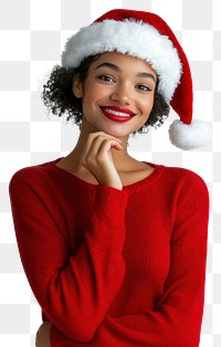 PNG Woman wearing Christmas-themed and a Santa hat sweater happy expression.