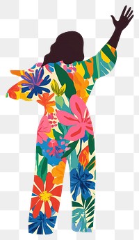 PNG Floral memphis woman waving hand silhouette vibrant person.