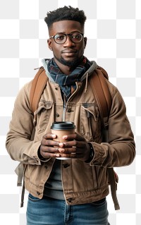 PNG Young american african man with backpack holding smart phone and coffee portrait jacket photo.