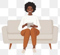 PNG Woman useing taplet on light gray sofa illustration comfortable atmosphere.