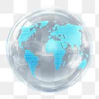 PNG World map on bubble transparent sphere globe.