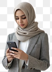 PNG Portrait of mixed race muslim woman wearing hijab business scarf phone.