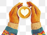 PNG Hands in gloves holding a cup coffee illustration sweater.