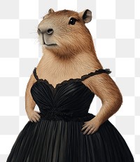 PNG A female capybara wearing witha spaghetti strap dress black dress as in painting Madame X by Singer Sargent animal anthropomorphic illustration.