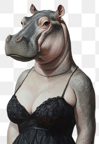 PNG A female Hippopotamus wearing witha spaghetti strap dress black dress as in painting Madame X by Singer Sargent animal hippo human.