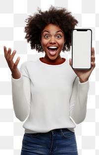 PNG Hand showing phone woman happy surprised.