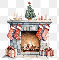 PNG Watercolor christmas fireplace stockings candles cozy.