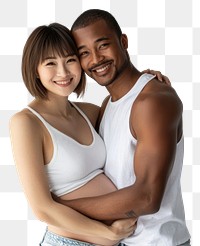 PNG Asian happy pregnant woman being embraced by her black husband photography togetherness pregnancy.