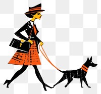 PNG Woman walking with dog illustration retro fashionable.