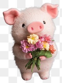 PNG Pig plush pig flowers holding.